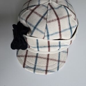 Elegant Plaid Women's Hat with Floral Detail Size 7¼